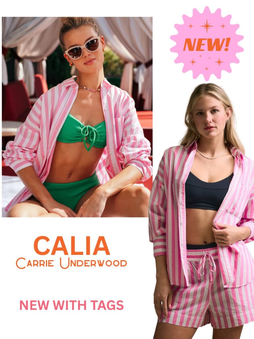 CALIA Women's Swim Button Down Pocket Stripe Shirt & Baggy Shorts Resortwear Set